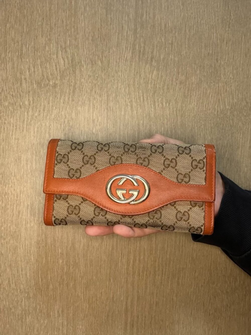 Gucci GG Canvas Continental Wallet Beige/Orange Interlocking G Flap